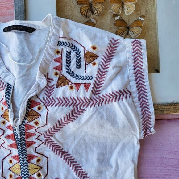 Zara Basic White Embroidered Boho V-Neck Tunic Mini Dress Size Large - Picture 4 of 5